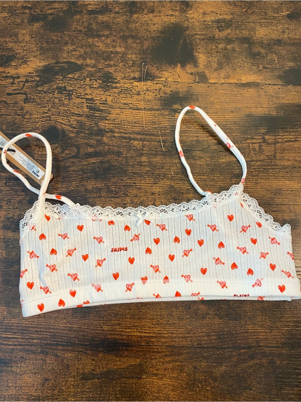 SKIMS White Lace-Trim Bralette with Red Heart Print